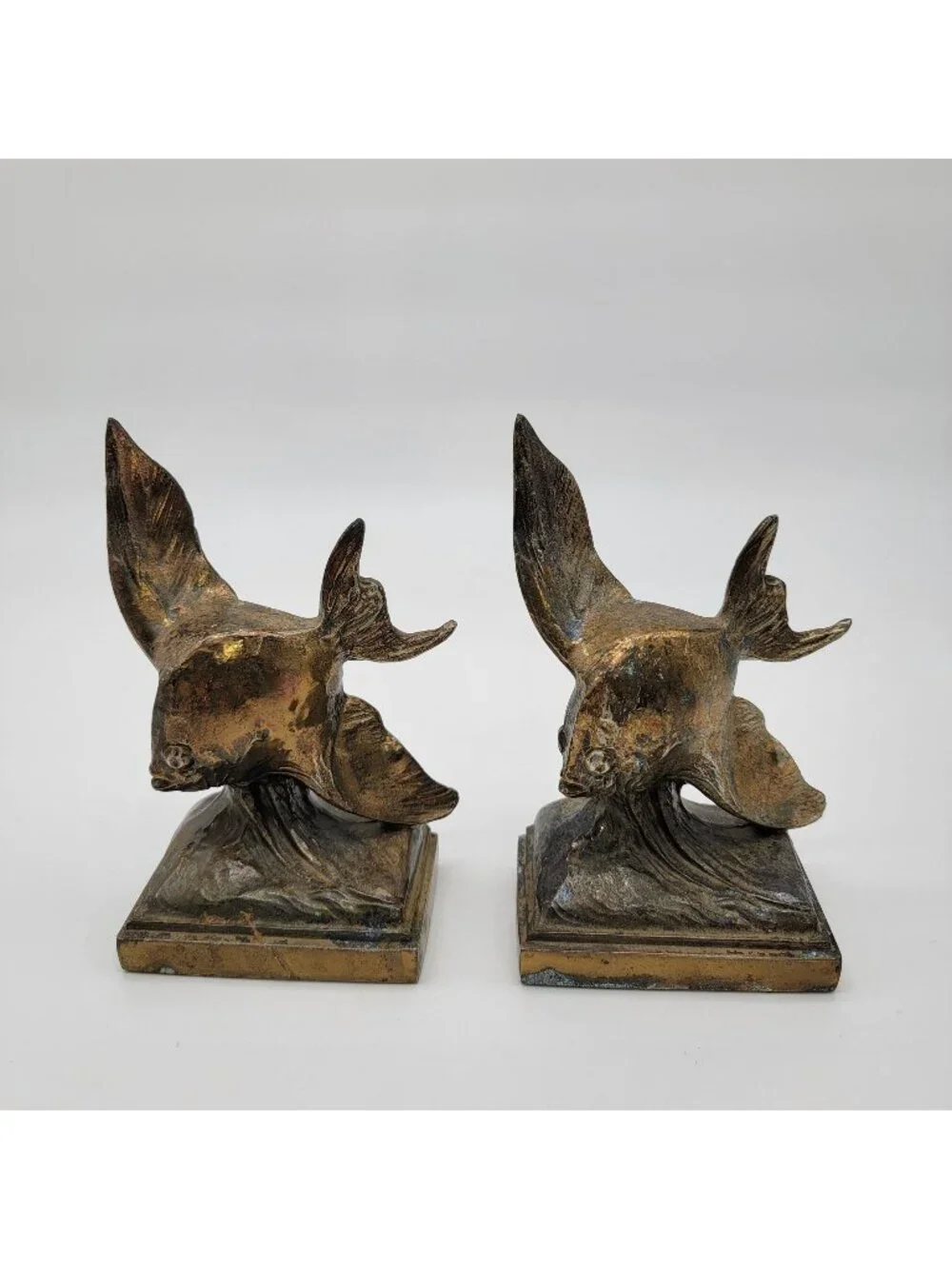 Vintage Ray E Dodge Art Deco Bronze Angel Fish Bookends Set Of 2 c.1938-1939